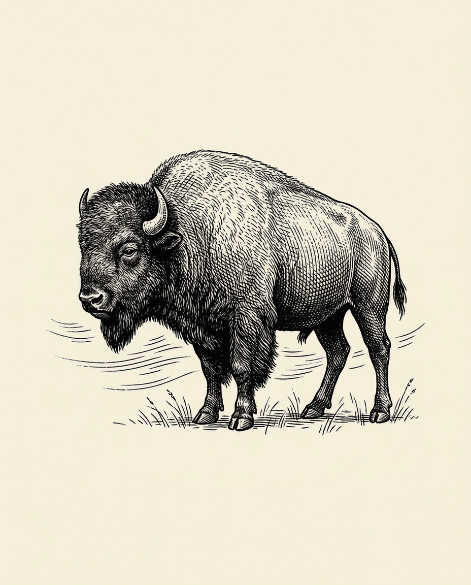 An engraving-style illustration of a lone bison standing into the wind
