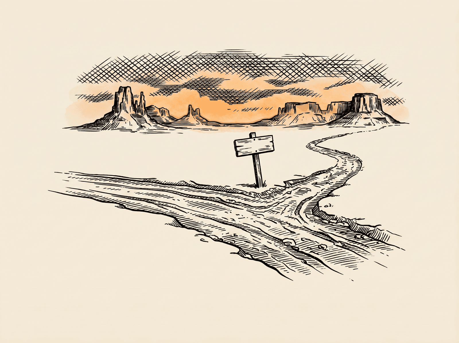 Engraving of a trail forking off a main road toward distant mesas and high country