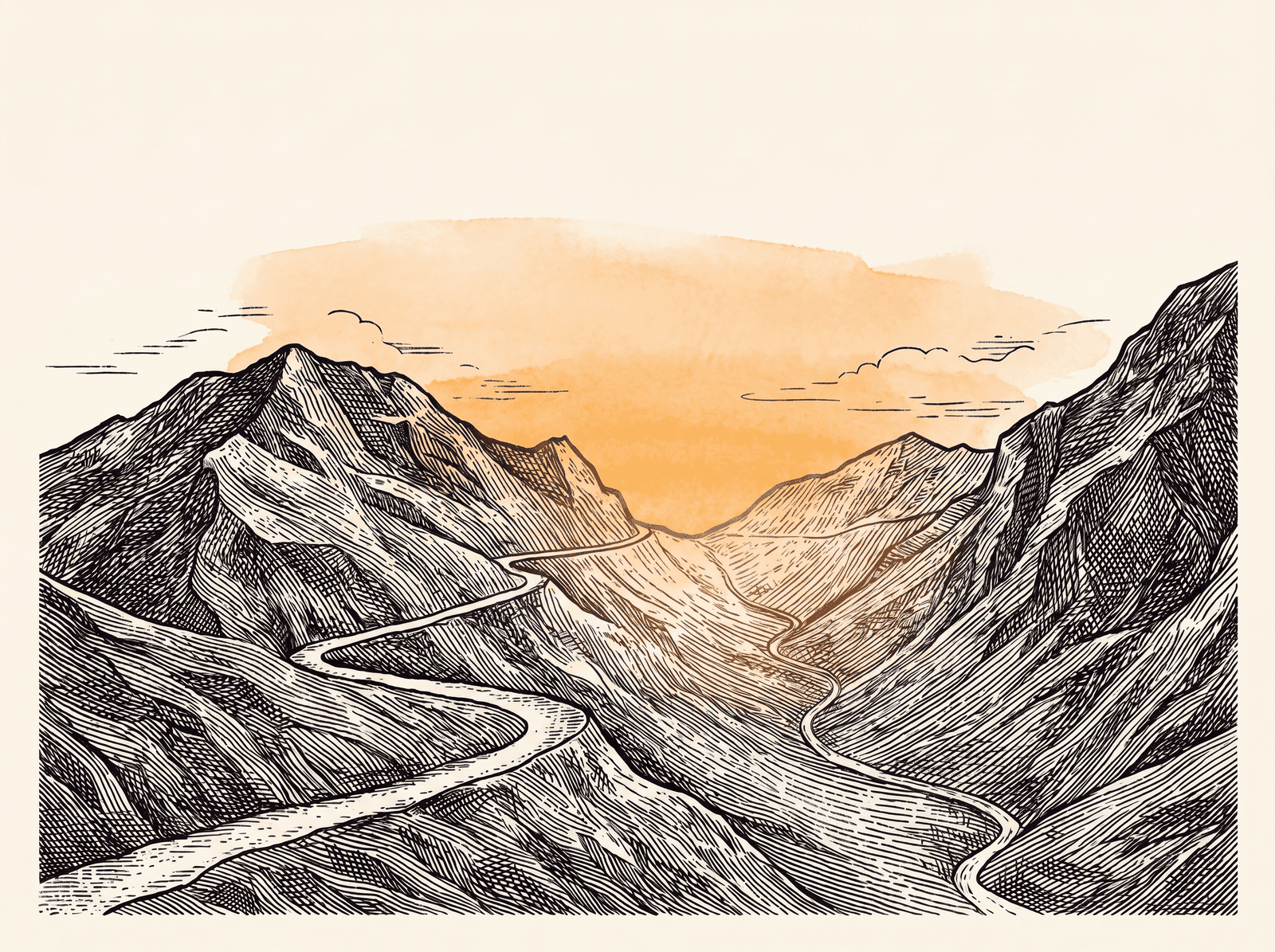 Engraving of a switchback trail climbing to a mountain pass with a bright valley beyond