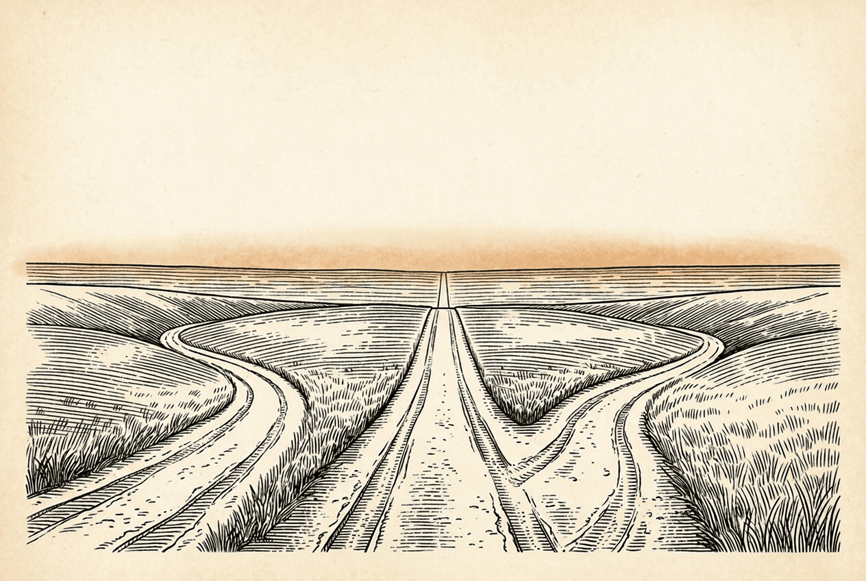 Engraving of two prairie trails converging into one wider road toward the horizon