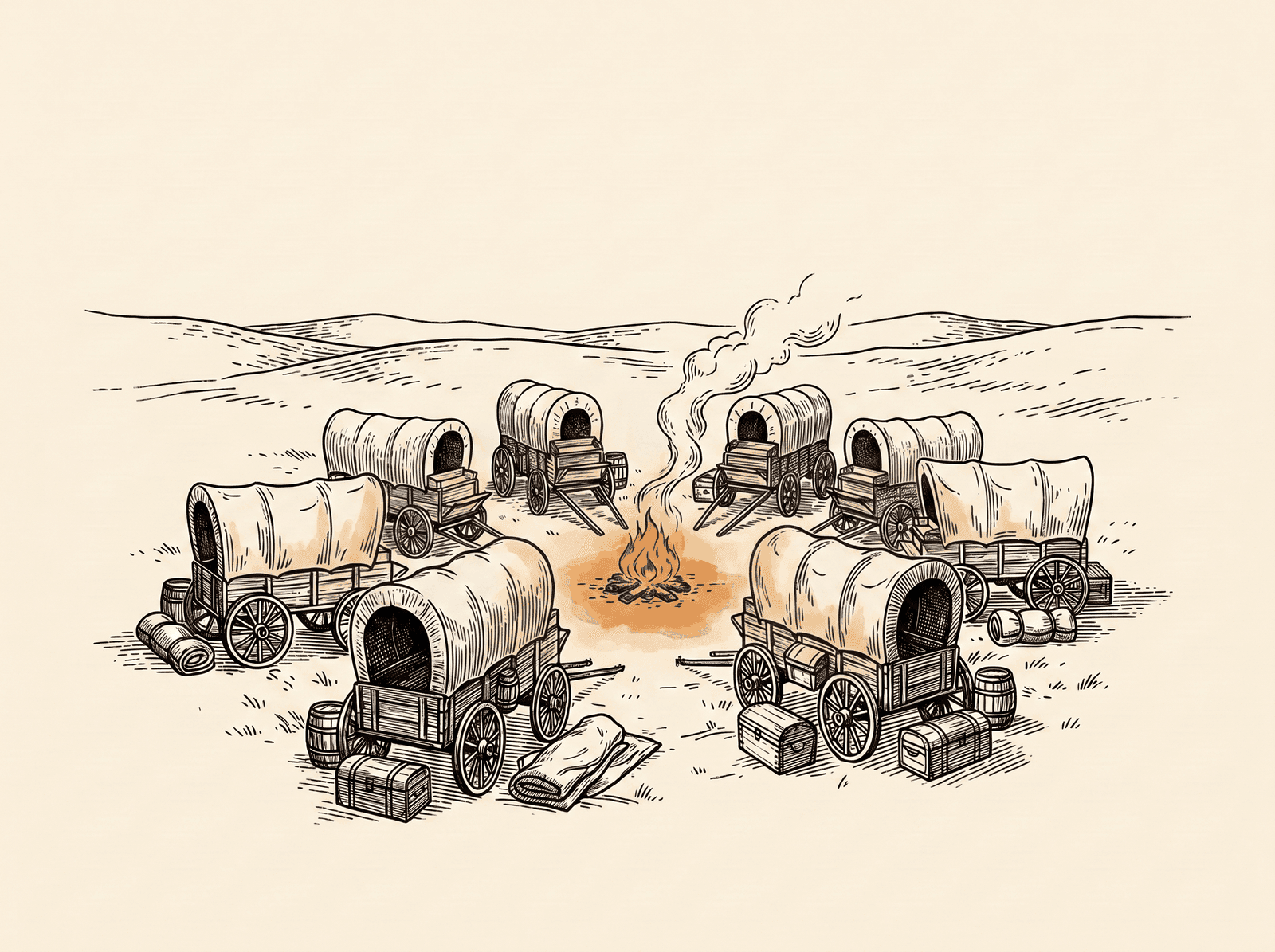 Engraving of covered wagons circled around a warm campfire on the prairie at dusk