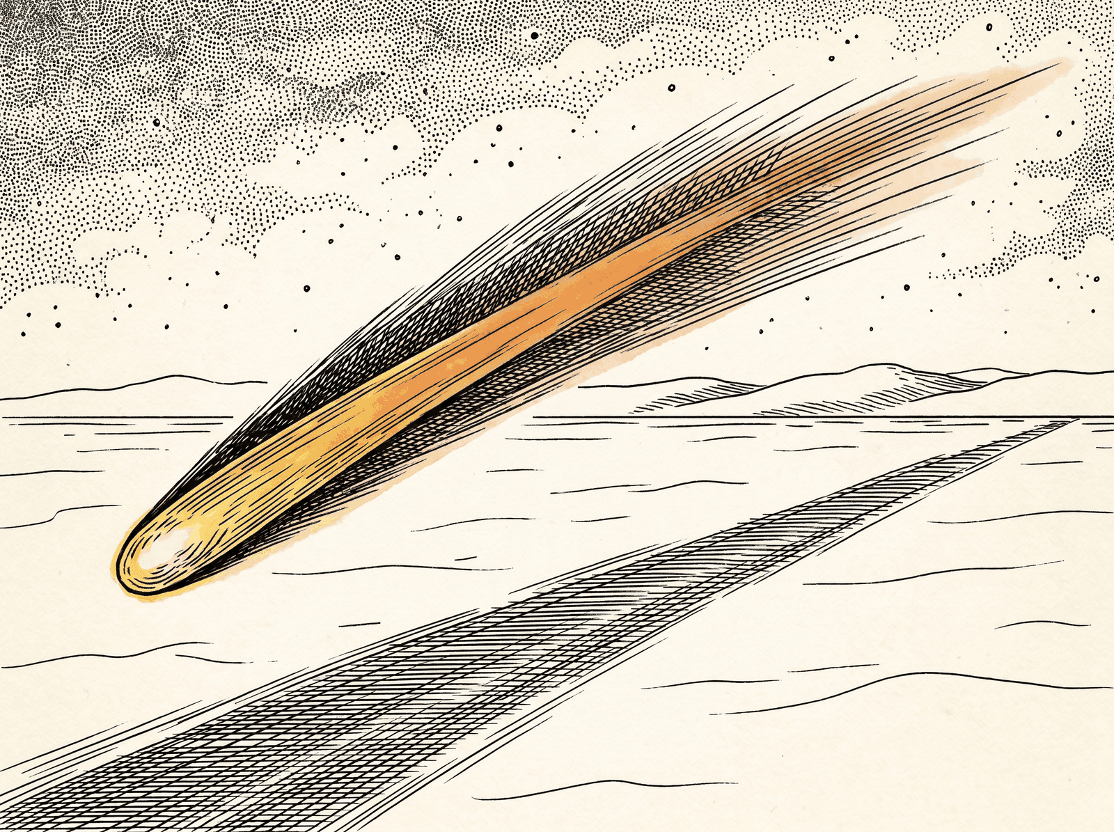 Engraving of a bright comet crossing the night sky above a straight prairie trail