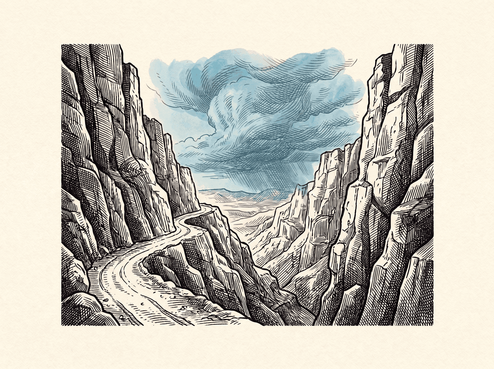 Engraving of a trail passing through a sheltered canyon with a storm visible beyond