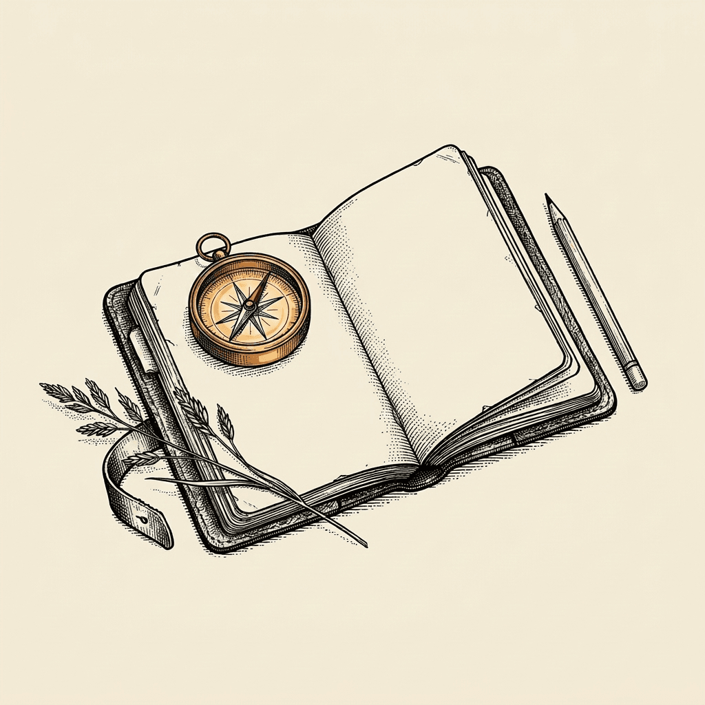 Engraving of an open leather field notebook with a brass compass resting on it