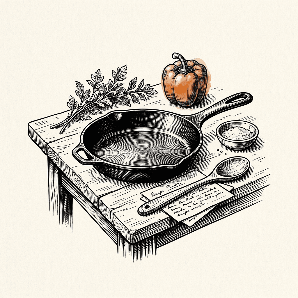 Engraving of a cast-iron skillet with simple ingredients and a recipe card