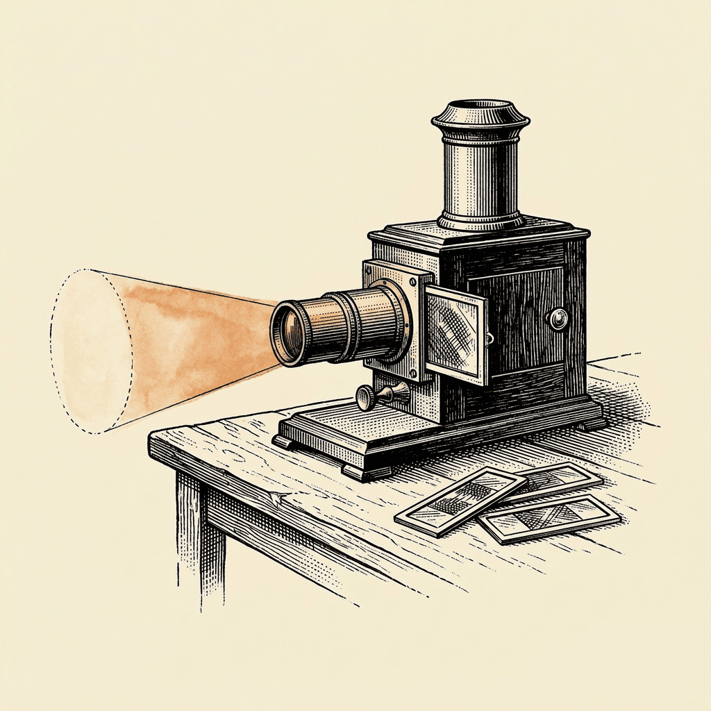 Engraving of an antique magic lantern projector casting a beam of light